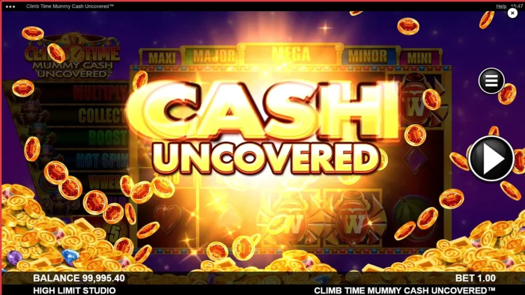 Tampilan visual slot Climb Time Mummy Cash Uncovered dengan latar belakang malam Mesir yang mistis.