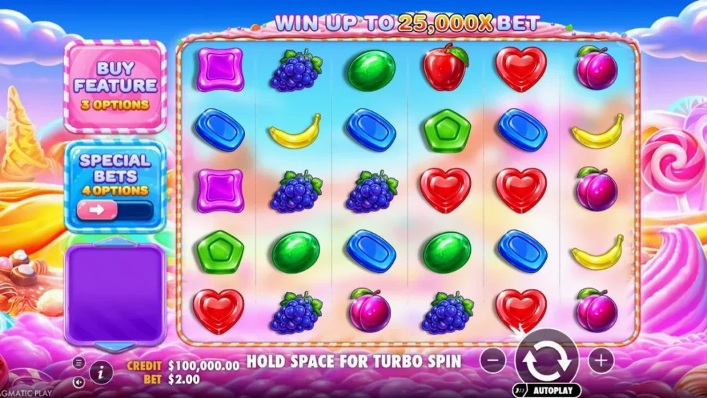 Tampilan visual penuh warna dari slot Sweet Bonanza 2500 dengan simbol permen dan buah