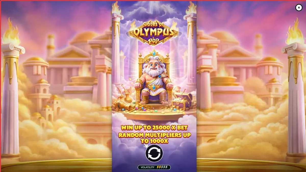 Tampilan visual slot Gates of Olympus POP dengan Zeus yang ramah dan grid 3x5 yang dinamis.